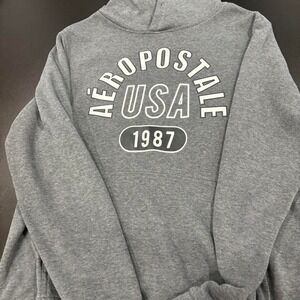 Aeropostale USA 1987 Graphic Hoodie Heather Grey Pullover Sweatshirt Large